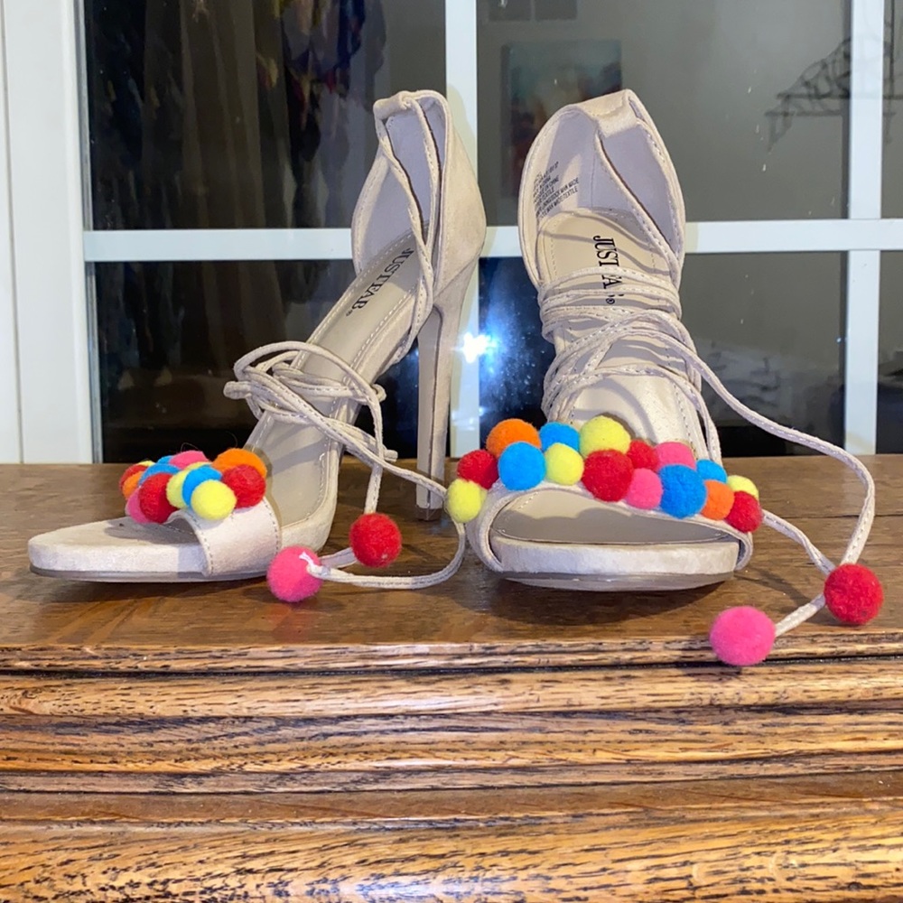 pom pom heels by just fab